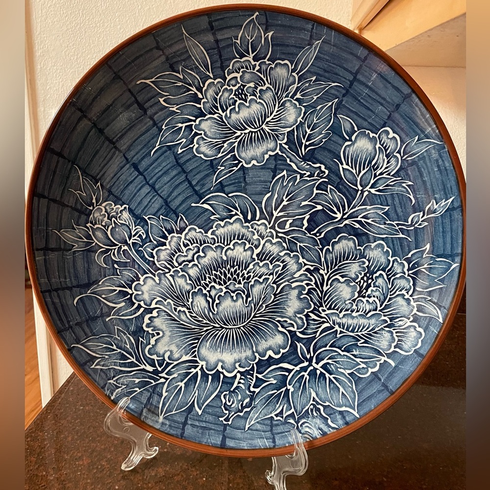 Vintage Made in Japan Large 15” Blue Floral Decorating or Serving Plate - Picture 4 of 7